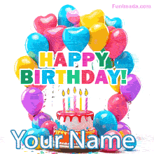 Cheerful birthday animation with an arch of colorful heart-shaped balloons, bold multicolored Happy Birthday text, a small cake with candles, and confetti