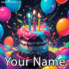 Bright birthday celebration scene with a frosted cake, three lit candles, colorful icing drips, and vivid balloons filling the background with animated sparkles and confetti.