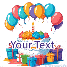 A festive birthday cake with decorative icing, one burning candle, balloons hovering overhead, and wrapped presents in various colors stacked below, animated in bright colors.