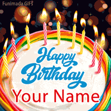 Cheerful animation of a colorful birthday cake with multiple lit candles. The classic 'Happy Birthday' greeting is centered on the white icing for you to add to.