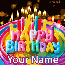 A close-up animation of a colorful special day cake featuring rainbow swirls, lit candles, and 3D 'Happy Birthday' text. Sparkles add to the festive feel.