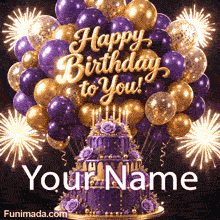 Elegant purple and gold birthday animation featuring a two-tier cake with dripping icing and roses, surrounded by matching balloons and fireworks against a dark sky