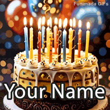 Layered birthday cake with intricate decorations, white glaze, and vibrant lit candles glowing brightly, set in front of festive balloons and warm twinkling lights.