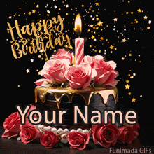 A luxurious animated cake decorated with pink roses and a single lit candle. Gold stars sparkle and fall against a black background, ready for a custom name.