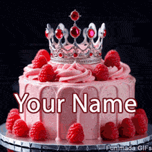 A luxurious pink birthday cake decorated with fresh raspberries and a royal jeweled crown. This luxurious animated greeting is fit for a queen and ready for your text.