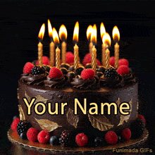 Animated GIF of a chocolate cake with berries and golden candles.