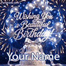 Elegant navy and silver birthday animation with a cluster of blue and silver balloons, a white pearl-trimmed cake with large bow, and soft fireworks in the background