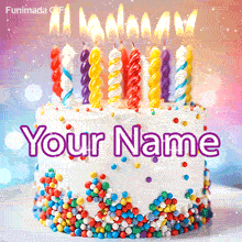 A festive white-frosted birthday cake topped with ten colorful lit candles, decorated with bright sprinkles against a sparkly pastel bokeh background.