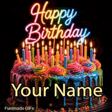 Editable birthday template featuring a dark background illuminated by a bright neon rainbow sign over a decorated party cake. A yellow space for a custom name sits across the cake itself.