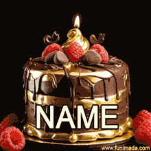 Luxurious birthday cake layered in dark chocolate and metallic gold drip, adorned with raspberries, chocolate swirls, and a glowing candle flickering gently in the center.