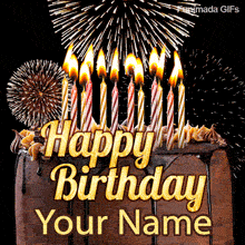 Animated chocolate cake with dripping dark frosting, whipped cream toppings, and lit striped candles, set against a background of colorful fireworks exploding in the night sky.