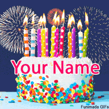 A festive premium birthday cake covered in rainbow sprinkles, with flickering candles and an animated fireworks display. This template is ready for you to add a name.