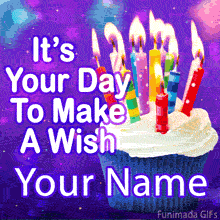 Whimsical cupcake with rainbow candles and fluffy frosting, placed beside inspirational birthday text on a sparkling purple and blue background filled with dreamy glowing effects.