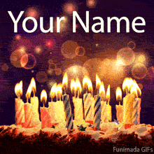 Animated birthday cake with dozens of lit candles flickering against a glowing background of golden bokeh lights, creating a warm and festive celebration scene.