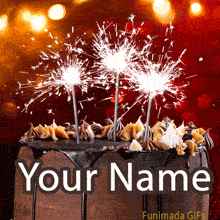 Animated birthday cake with rich chocolate frosting and whipped cream toppings, topped by three glowing sparklers sparkling against a warm, festive bokeh background.