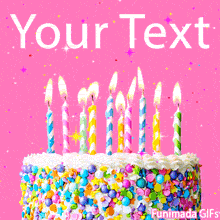 Animated birthday cake with colorful sprinkles, tall pastel-striped candles lit and flickering, set against a bright pink background with twinkling sparkles and stars.