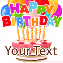 Bright and festive animated GIF featuring a pink cake with tall yellow-striped candles, whipped cream swirls, and a backdrop of helium balloons and rainbow-colored birthday text.