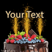 Rich birthday cake decorated with fruit, chocolate pieces, and three animated golden sparklers rising from the top, set on a dark background for dramatic contrast.