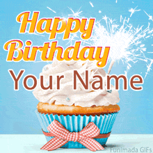 Whipped-frosting cupcake with a cute red ribbon, a bright sparkler, and bold 'Happy Birthday' text, all animated over a clear blue background for a fun celebration vibe.