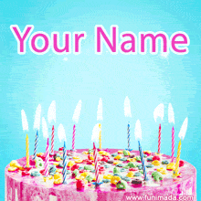 Animated pink-frosted birthday cake topped with colorful cereal and candies, featuring multiple striped candles flickering brightly against a bright blue background with subtle sparkles.