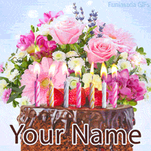Elegant birthday GIF showing a chocolate cake topped with lit pastel candles, with a lush arrangement of roses, gerberas, and spring blooms in soft pink and purple hues.