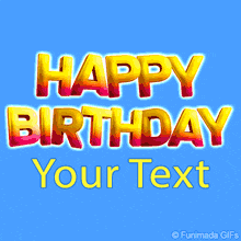 A bright, blocky 'HAPPY BIRTHDAY' message in gradient yellow and pink 3D letters, bouncing subtly on a blue background — a fun and clean text-based animation.