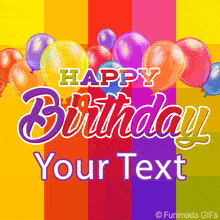 Festive birthday animation featuring multicolored balloons floating above vibrant rainbow background stripes, with large layered 'Happy Birthday' text in bold script.