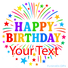 Rainbow 'HAPPY BIRTHDAY' message surrounded by multicolored shooting fireworks and stars, all set against a bright white backdrop — forming a festive, editable animation.