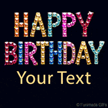 Glittery multicolor jewel letters spelling 'HAPPY BIRTHDAY' shimmer with light reflections on a dark background, creating a luxurious and festive animation.
