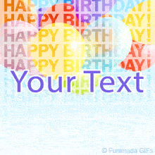 Multicolored balloons float across a background filled with layered 'HAPPY BIRTHDAY' phrases in rainbow tones, creating a festive and editable animated template.