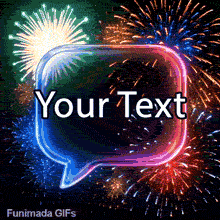 Editable speech bubble template showing a glowing digital message box overlaying a highly festive background of bright red, blue, and gold fireworks exploding.