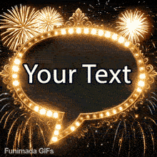Glamorous animated greeting card template with a central black text bubble framed in vintage gold, surrounded by a spectacular display of sparkling golden fireworks.