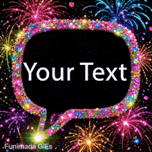 Vibrant animated greeting card template with a central text bubble designed for custom text, outlined in sparkling diamonds and surrounded by colorful exploding fireworks.
