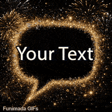 Editable speech bubble template showing a luxurious message box made of shimmering golden particles overlaying a festive background of classic golden fireworks.