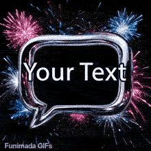 Customizable animated GIF featuring a sleek, 3D silver metallic chat bubble frame surrounded by bright blue, pink, and white fireworks on a black background.