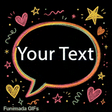 Cute animated greeting card template with a central text bubble designed for custom text, outlined in rainbow colors and framed by whimsical hand-drawn art.