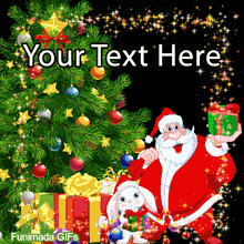Santa Claus and a white bunny holding presents by a decorated Christmas tree, with a sparkling gold star border on a black background.