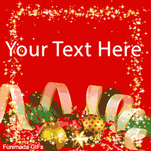 Sparkling star frame on a red background. The bottom features a golden ribbon, pine, and festive red and gold Christmas ornaments.