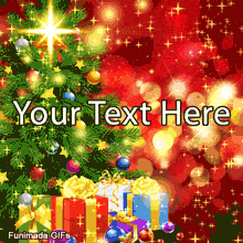 Beautifully decorated Christmas tree with a shining star on top. At its base is a pile of colorful presents with gold bows. The background is a festive red.