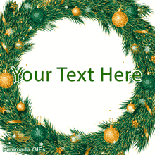 Festive Christmas wreath made of lush pine boughs. It's decorated with sparkling green and textured gold ornaments, gold ribbons, and tiny, gently falling snowflakes