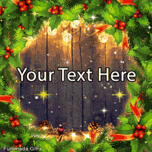 GIF Template that frames a central rustic wood background with a border of festive holly, red berries, and pine. Warm, decorative string lights are woven through the greenery