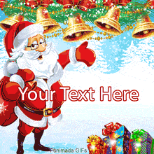 Cheerful cartoon Santa Claus in a snowy scene. He carries a sack of toys, gives a thumbs-up, and stands near a pile of presents, all under a garland of swinging bells.