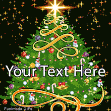 Beautiful Christmas tree on a black background, decorated with a large, swirling golden ribbon. The tree features a bright star on top, classic ornaments like snowmen.