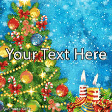 Animated GIF of a decorated tree with gingerbread men and candy canes. Two lit candles flicker in the corner against a snowy blue background.