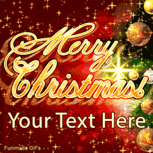Merry Christmas' in a sparkling gold script on a red background. A decorated Christmas tree with gold baubles is on the right.
