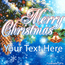 Merry Christmas' text over a snowy blue background. Pine branches with berries and pinecones frame the top, with jingle bells on the right.