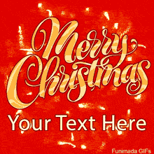 Merry Christmas' in elegant golden calligraphy. The text glows against a textured, vibrant red background with shimmering light effects.