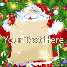 Jolly Santa Claus standing before a Christmas tree. He is holding open a large, blank scroll, ready for a custom message.