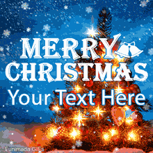 Christmas tree with glowing lights and heart ornaments on a snowy night. The words 'Merry Christmas' are written in large white letters