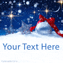 Silver ornament with a red bow and glittery stars in the snow. The background is a dark blue night sky with falling snow and a crescent moon.